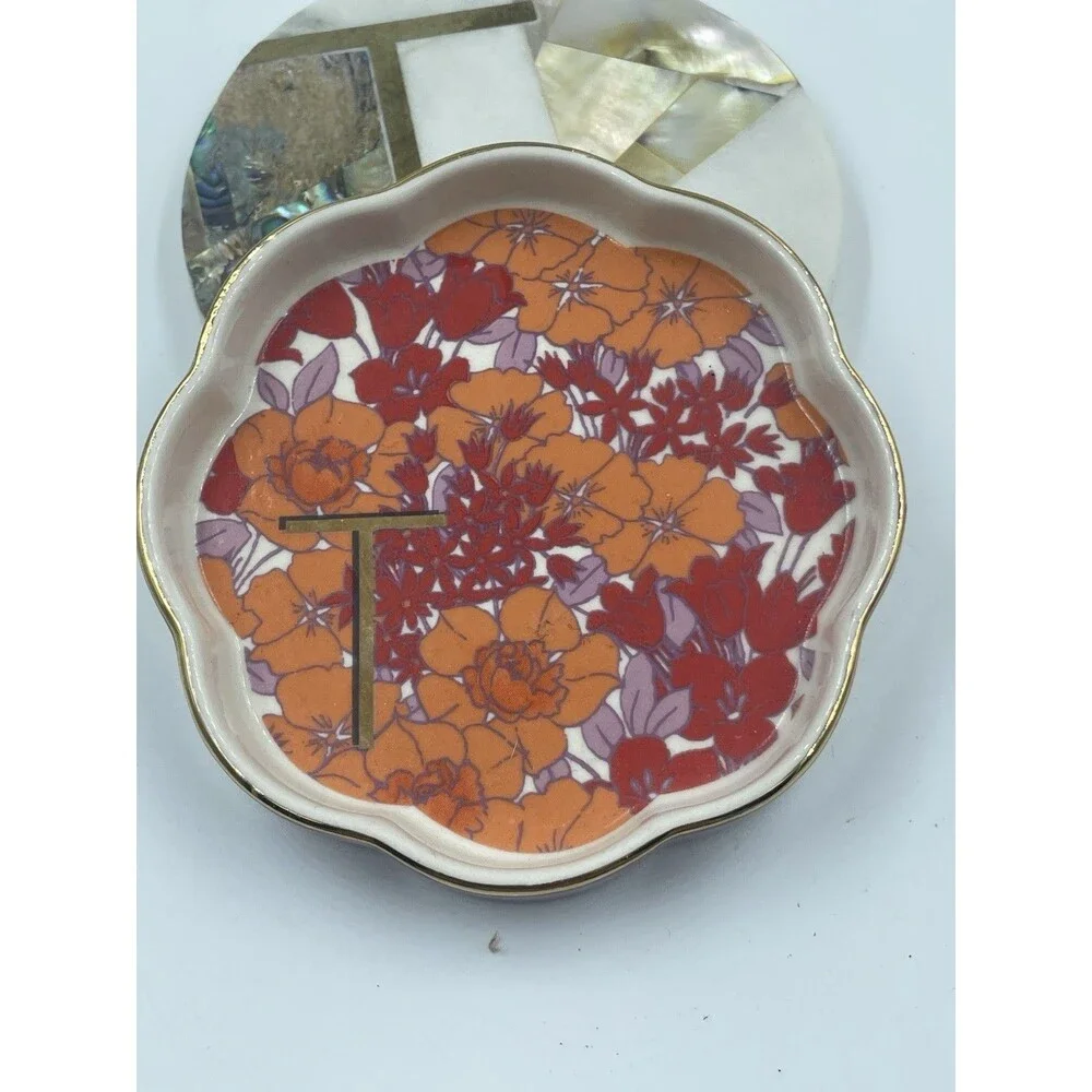 Anthropologie Monogram T Lid Trinket Dish Marble Abalone Floral Ceramic Coaster